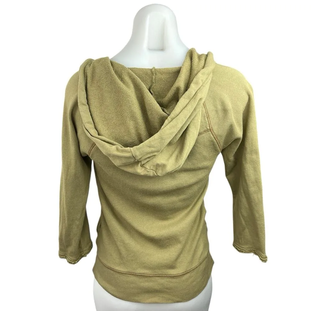 Free People Olive Green Stretch Deep V Neck Faux Wrap Hoodie Sweatshirt Top Sz S - Image 2