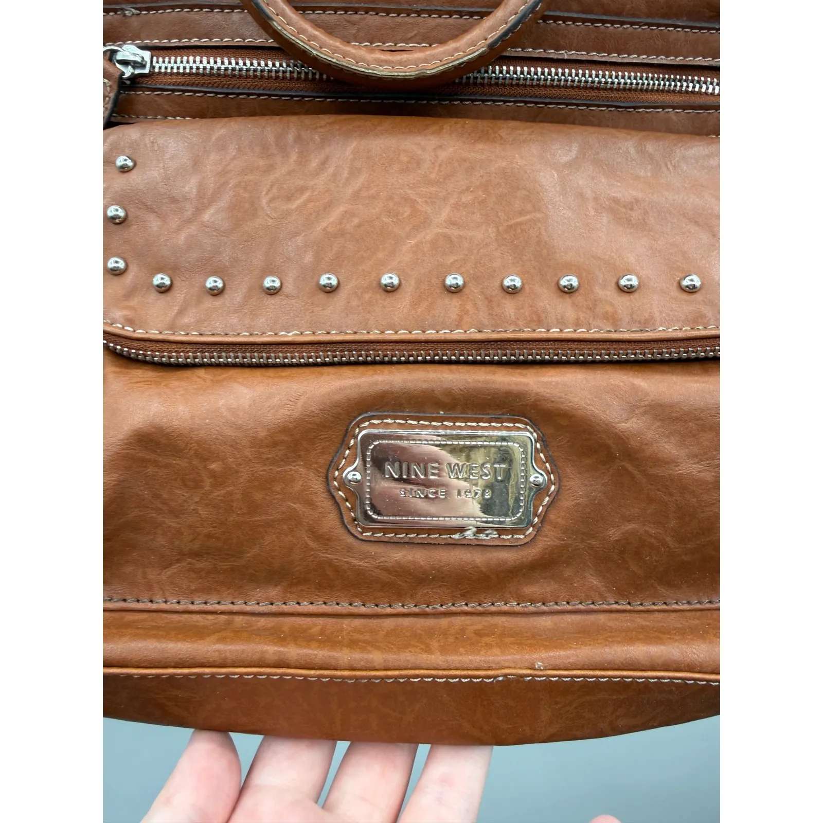 Nine West Brown Faux Leather Crossbody Bag Studded Zip Pocket Shoulder‎ Purse - Image 4