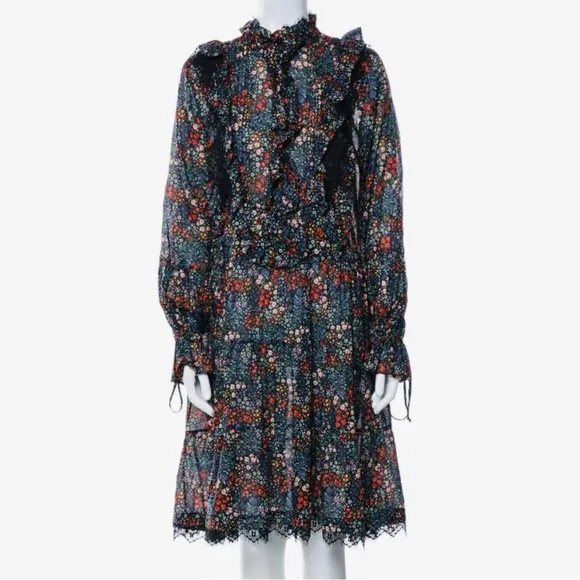 Warm NY boho 100% cotton Floral Tiered Ruffle Midi long sleeve Dress NWT Black Size 0 - Image 2