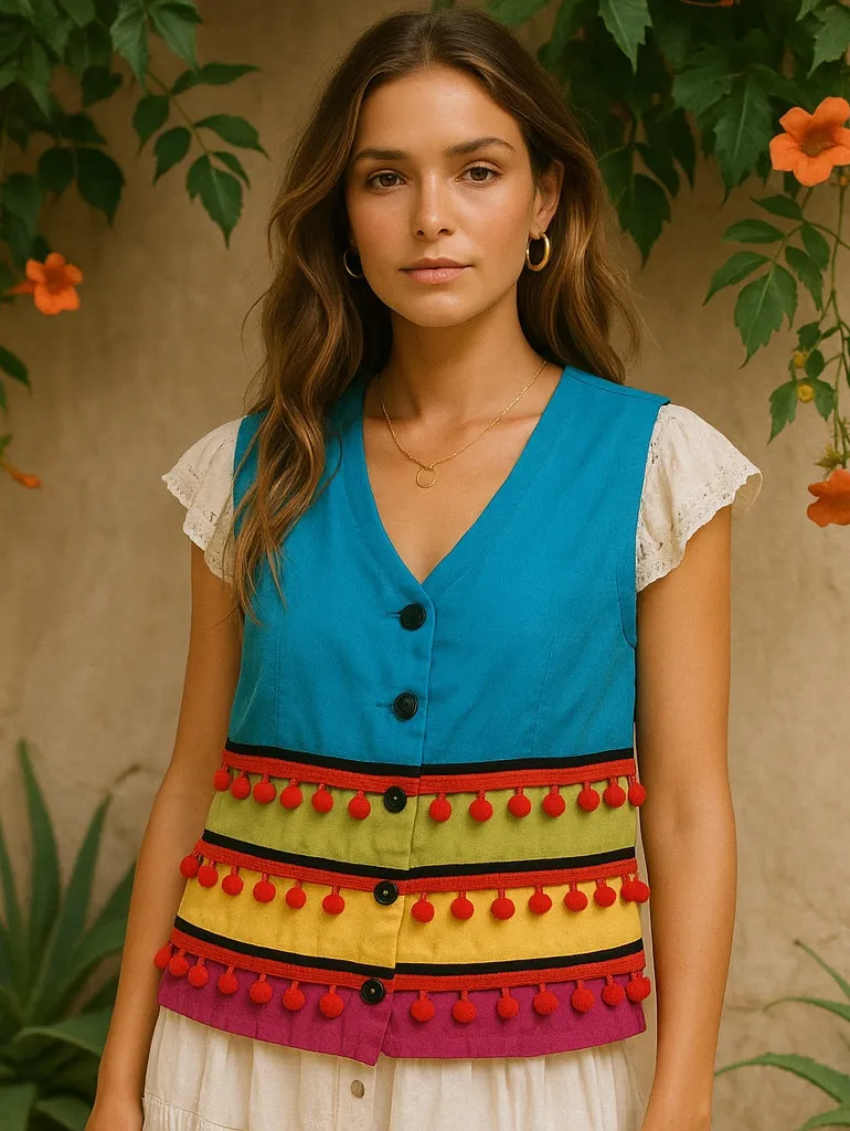 Vtg 90s Sharon Young Pom Pom Womens Vest 12 Linen Colorblock Boho Festival Artsy Blue - Image 2