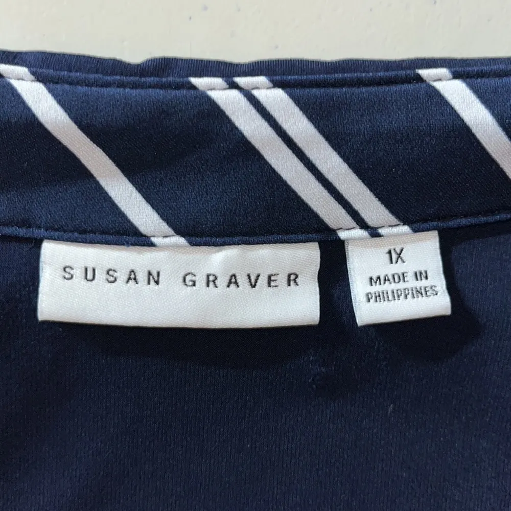 Susan Graver Sz. 1X Navy Blue - Stripe Trim Collar Liquid Knit Polo Shirt Blouse - Image 5