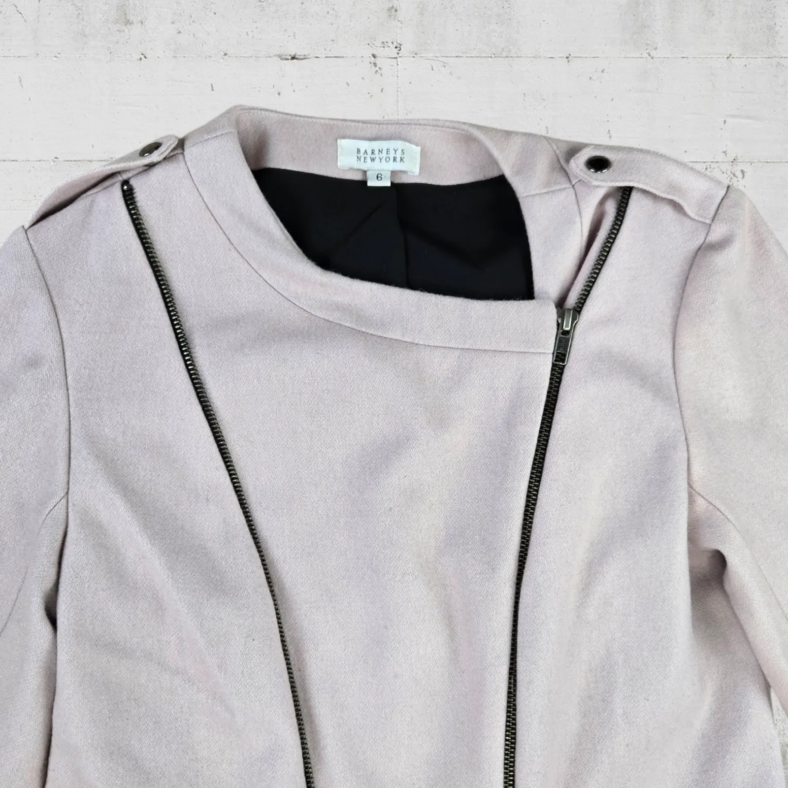 80s Vintage Barneys Powder Pink Wool Asymmetrical Zip USA Moto Jacket Size 6 - Image 3