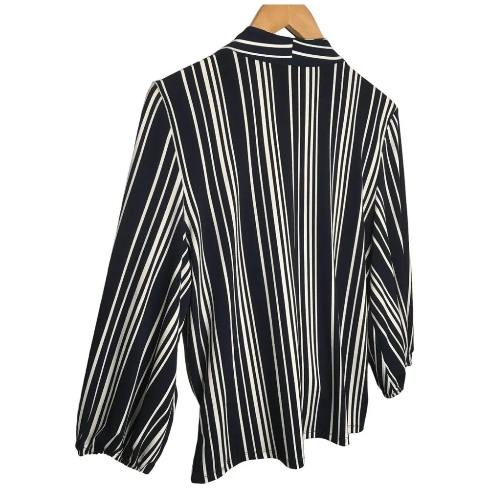 Adrianna Papell Faux Wrap Striped V Neck Career Blouse Blue L - Image 7