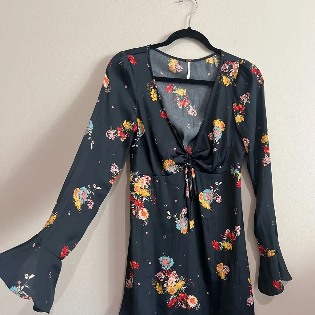 Free People Midnight Navy Silky Mini Dress Floral Long Sleeve Size S - Image 2