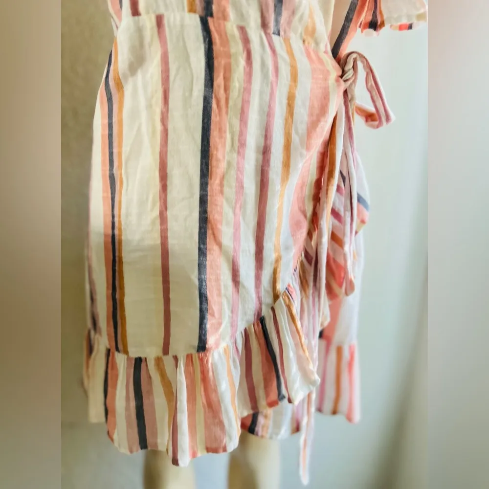 Express Cotton Blend Stripe Ruffle Wrap Dress in Cream Pink Size Medium - Image 7