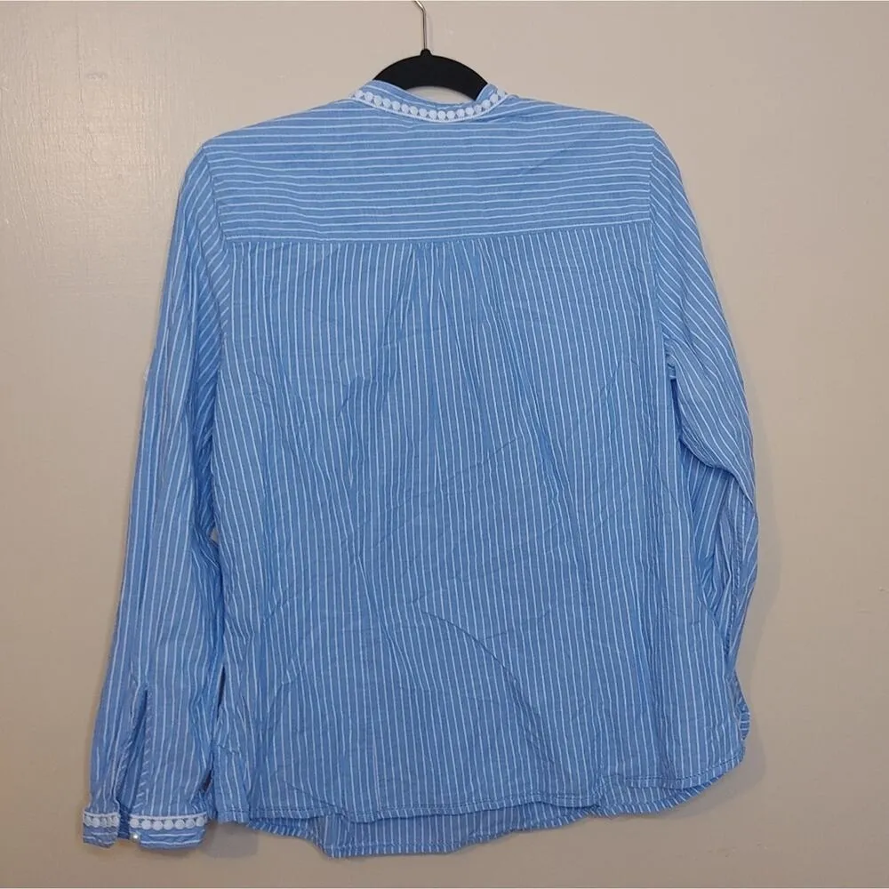 LL Bean Size Large White Blue Long Sleeve Pearl Button Top Stripes Frilly Rose - Image 3