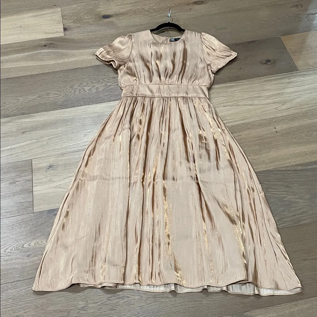 Zara Copper Satin Midi Dress Gold Shiny Fit And Flare Short Puff Sleeves Large - Image 11