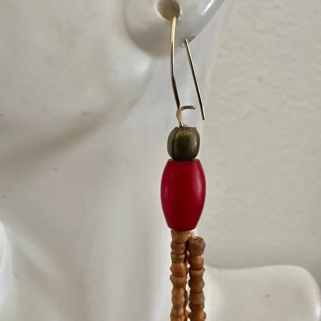 Handcrafted Boho Red & Wood Beaded Dangle Earrings - Image 5