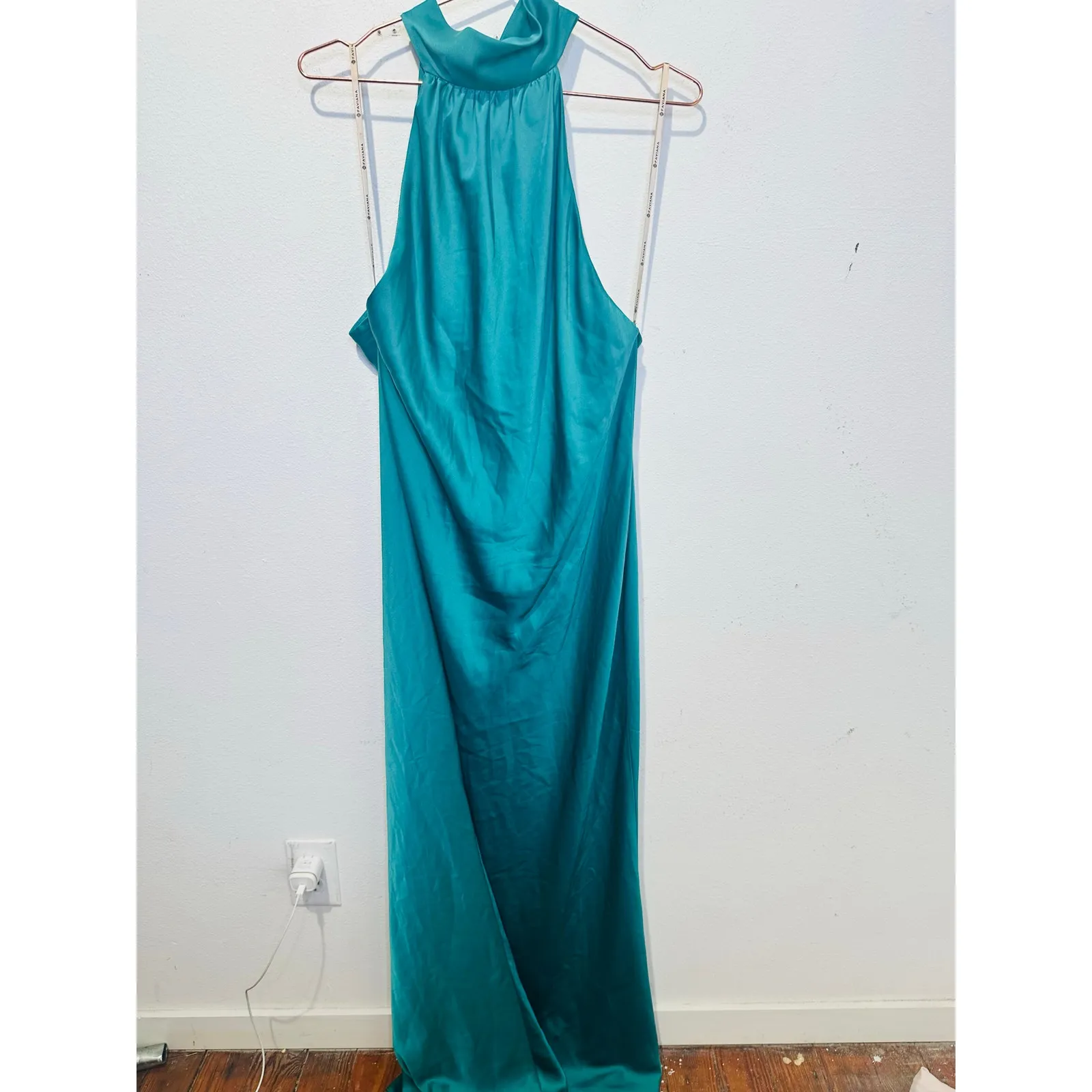 FAVIANA Green Satin Sleeveless Halter Neck Thigh-High Side Slit Gown Dress sz 14 - Image 2