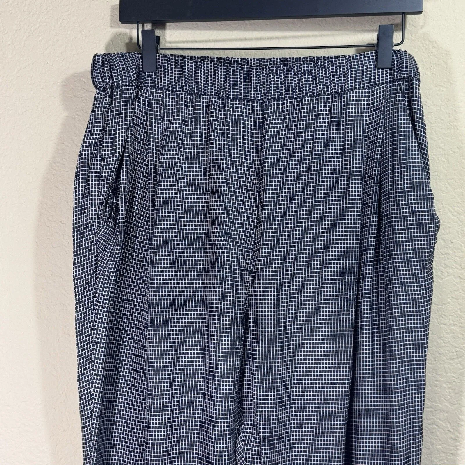 3.1 Phillip Lim Women's Navy Grid Printed Taper Leg Pull On Pants Size 10 Pocket - Image 4