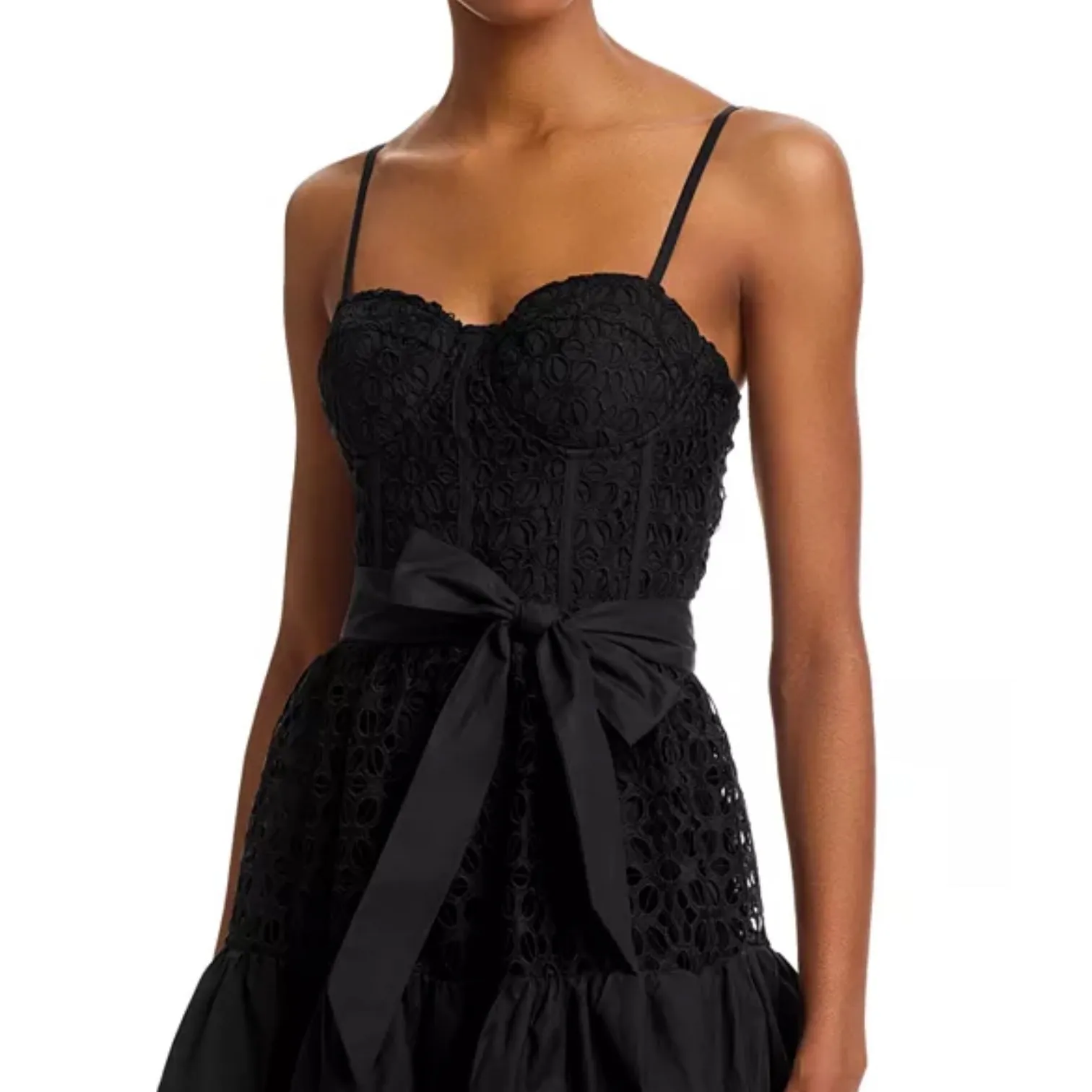 AQUA Black Eyelet Midi Dress Party Cocktail Fit‎ & Flare L - Image 2