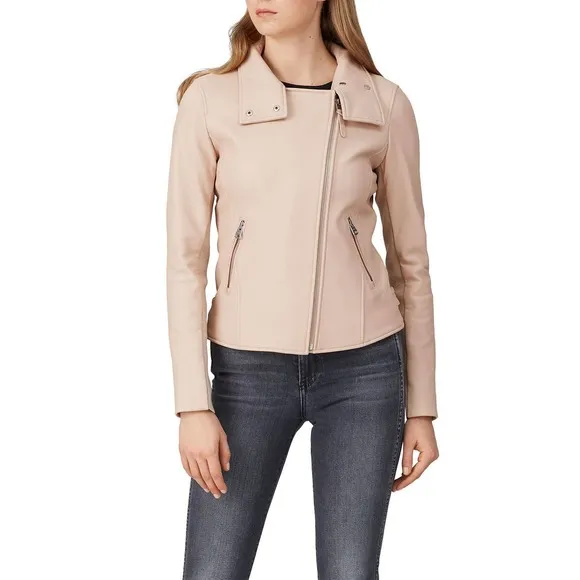 Mackage Sandy Pink Genuine Leather Asymmetric Zip Moto Jacket Size Small - Image 10