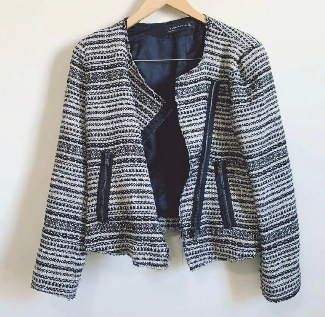 ZARA Wool Blend Tweed Moto Boucle Blazer Jacket Size Large - Image 2