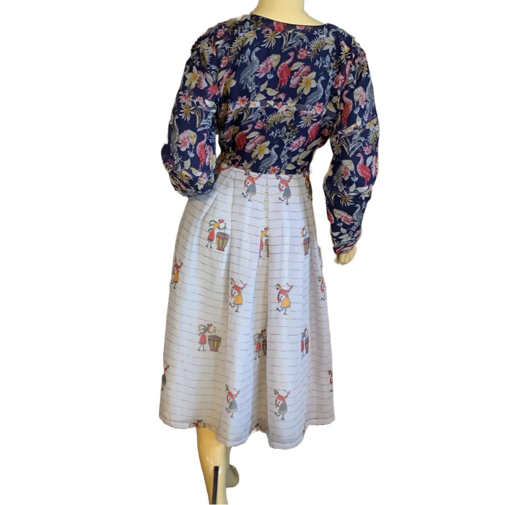 HANDCRAFTED BLUE MIDI DRESS WITH MIXED PATTERN BIRDS AND MUSICAL (APPX XL) - Image 6