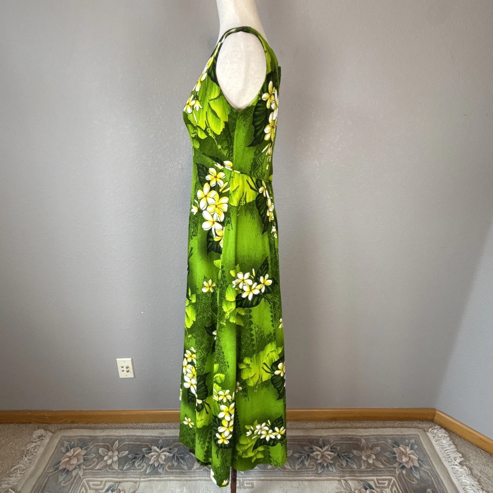 Vintage Royal Hawaiian Green Tropical Tiki Floral Barkcloth Maxi Dress Size XS/S - Image 4
