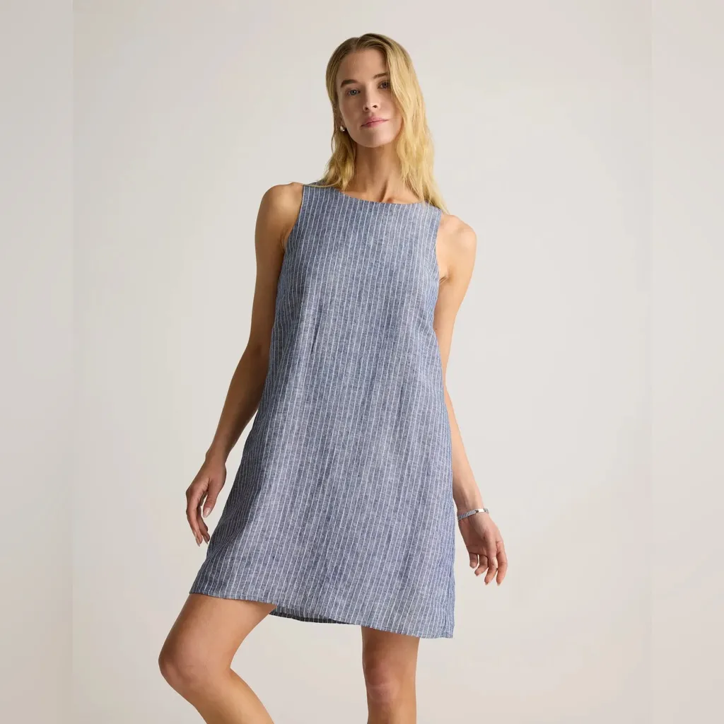 NWT Quince women's 100% european linen tank mini Dress Sleeveless Blue Stripe L Size L - Image 7