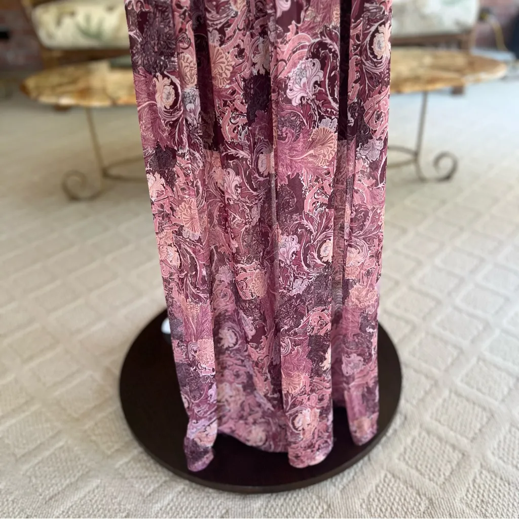 Indigo Thread Co Dress Maxi Floral Pom Flounce Burgundy XS Tiered Brunch Garden Pink - Image 14