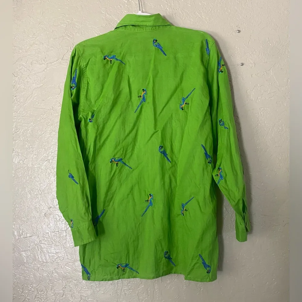 Casey Coleman Embroidered Parrot Long Sleeve Button Shirt M Oversize Green Linen Size M - Image 12