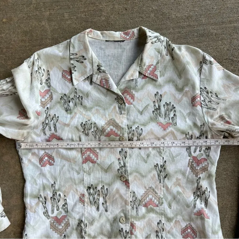 Vintage 90s Pastel Desert Chevron Cactus Button Up Cowgirl Western Shirt Green Size M - Image 7