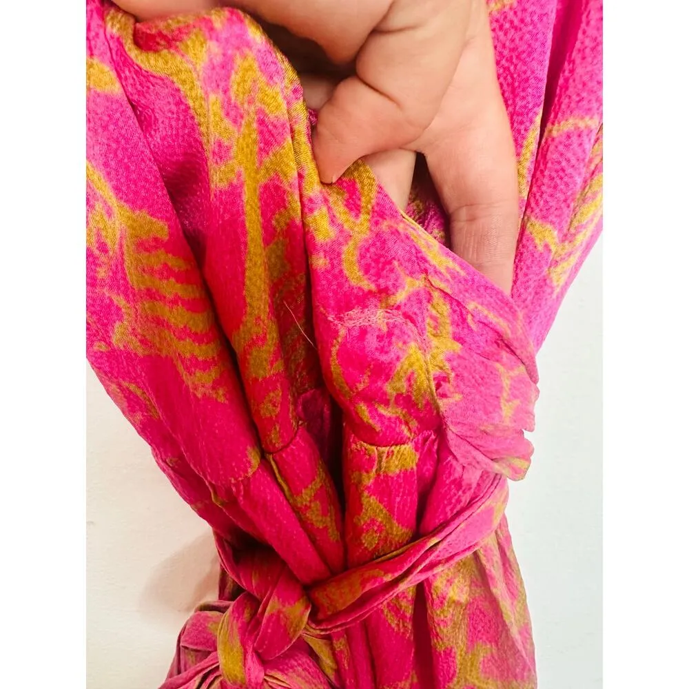 TANYA TAYLOR Women's Pink Orange Floral 100% Silk V-Neck Lisa Wrap Dress size 2 - Image 8