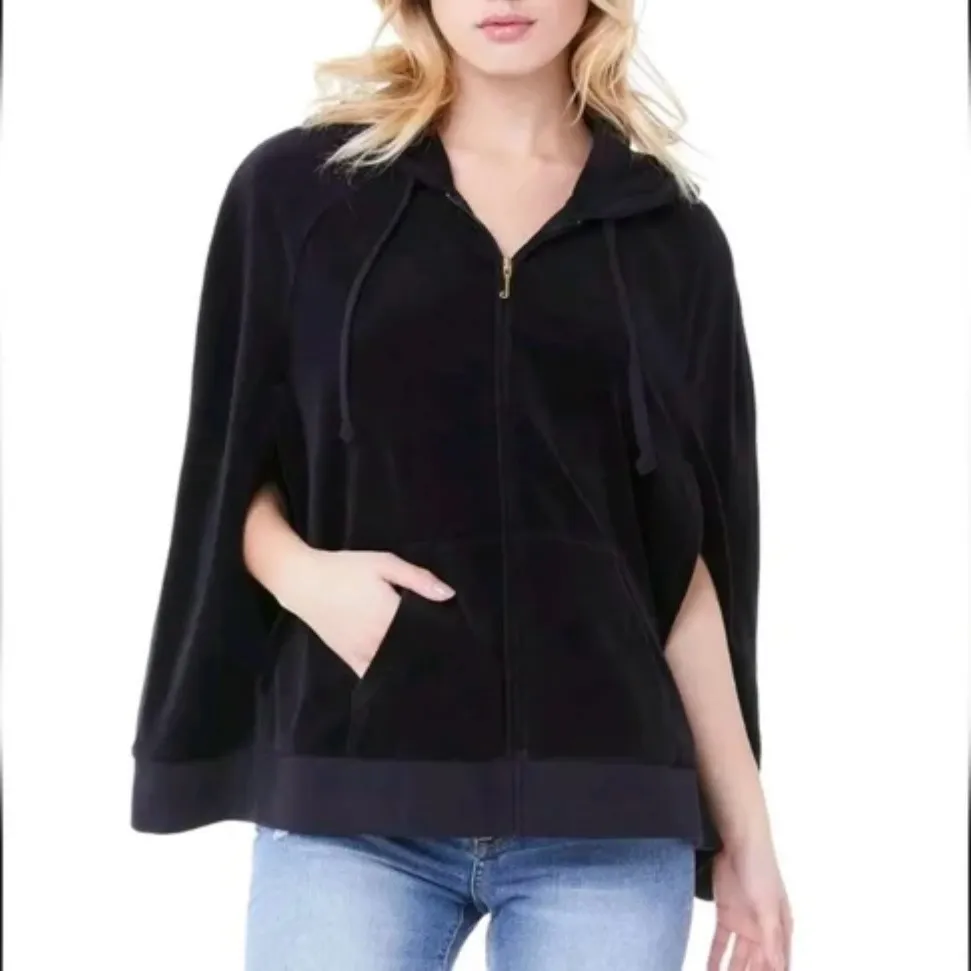 Juicy Couture black velour full zip hooded cape poncho women’s size medium - Image 2