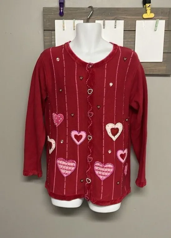 The Quacker Factory Valentine Cardigan Sweater Beaded Hearts Red/Pink Medium - Image 1