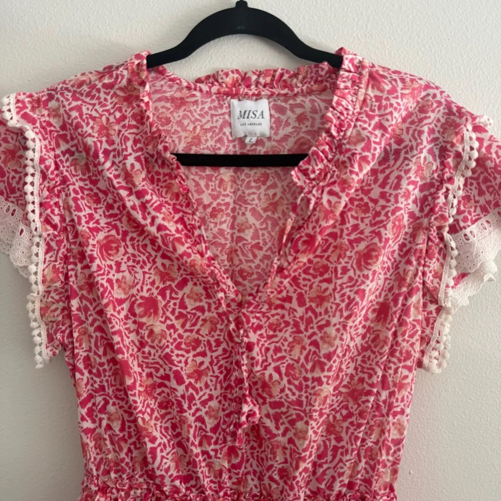 MISA Los Angeles Lilian Floral Pink Ruffle Mini Dress Barbiecore Cottage Large - Image 6