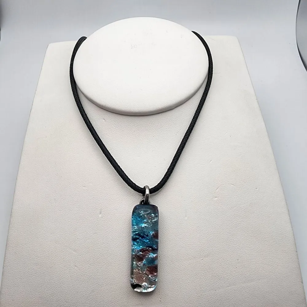 Murano Glass Blue, Silver, & Pink Pendant & Black Cord Necklace - Image 2