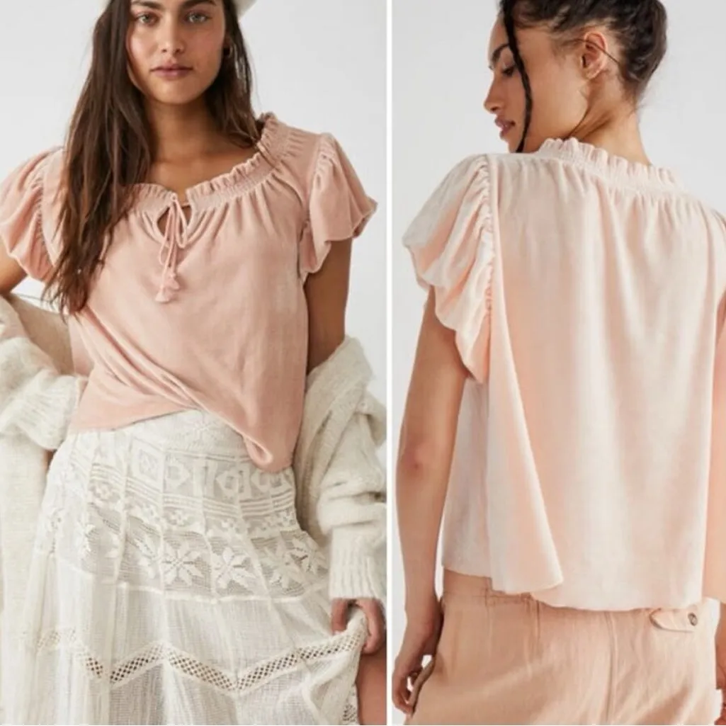 Free People Terese Puff Sleeve Velvet Top Blush Pink/Peach Size M NWOT - Image 2