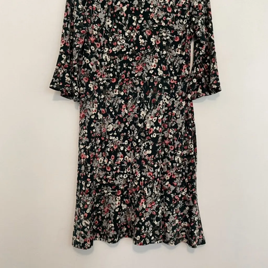 KAILEIGH Gretta Greta Knit Dress Dark Green Pink Floral 3/4 Sleeve Bell Sleeve L - Image 6