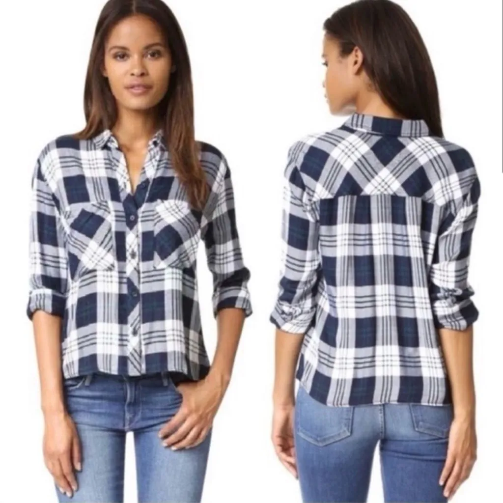 Rails Dylan Relaxed Button down Plaid Shirt White/Navy/Forest Size Medium - Image 2