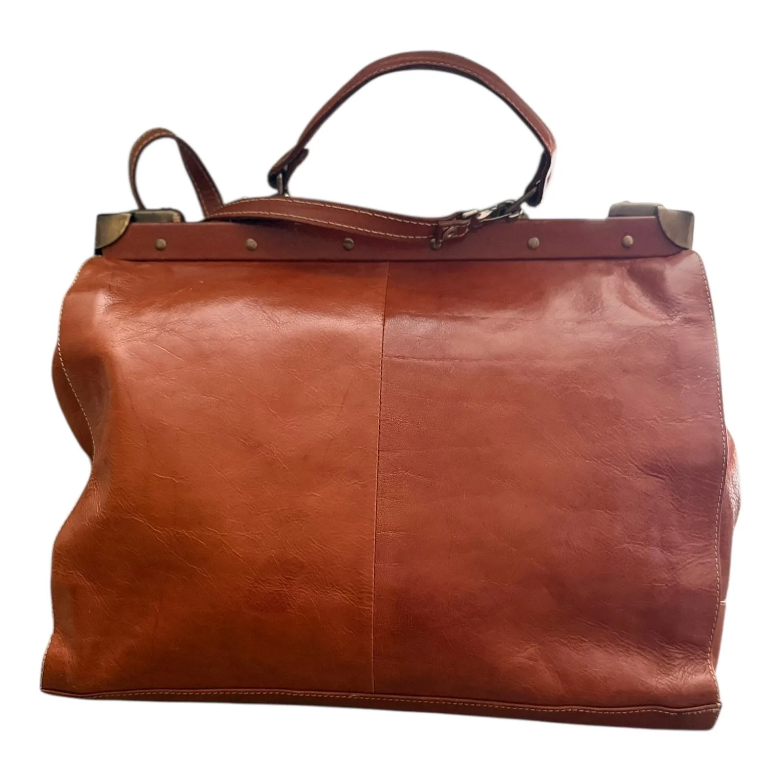 Vintage Brown Leather Satchel Tote Business Bag with Detachable Shoulder Strap - Image 5