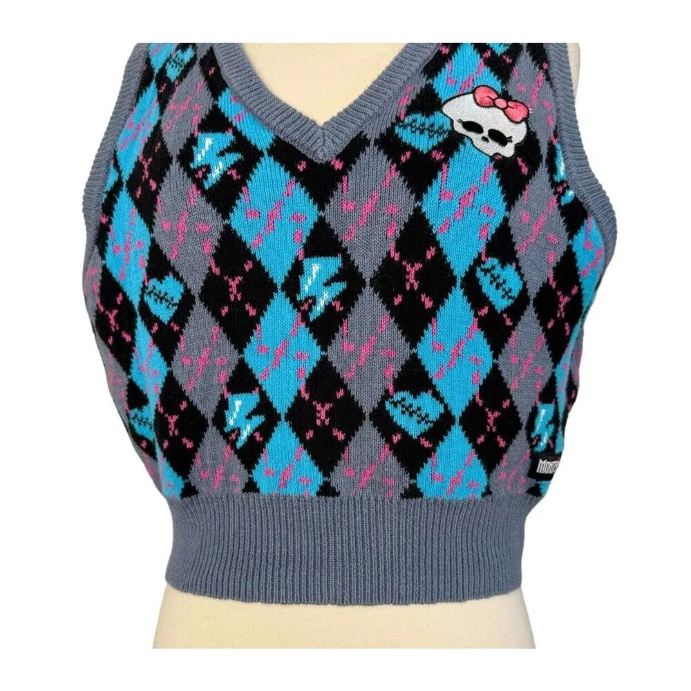 MONSTER HIGH Goth Schoolgirl Alumni Sweater Argyle Vest Embroidered Skull Sz XL - Image 5