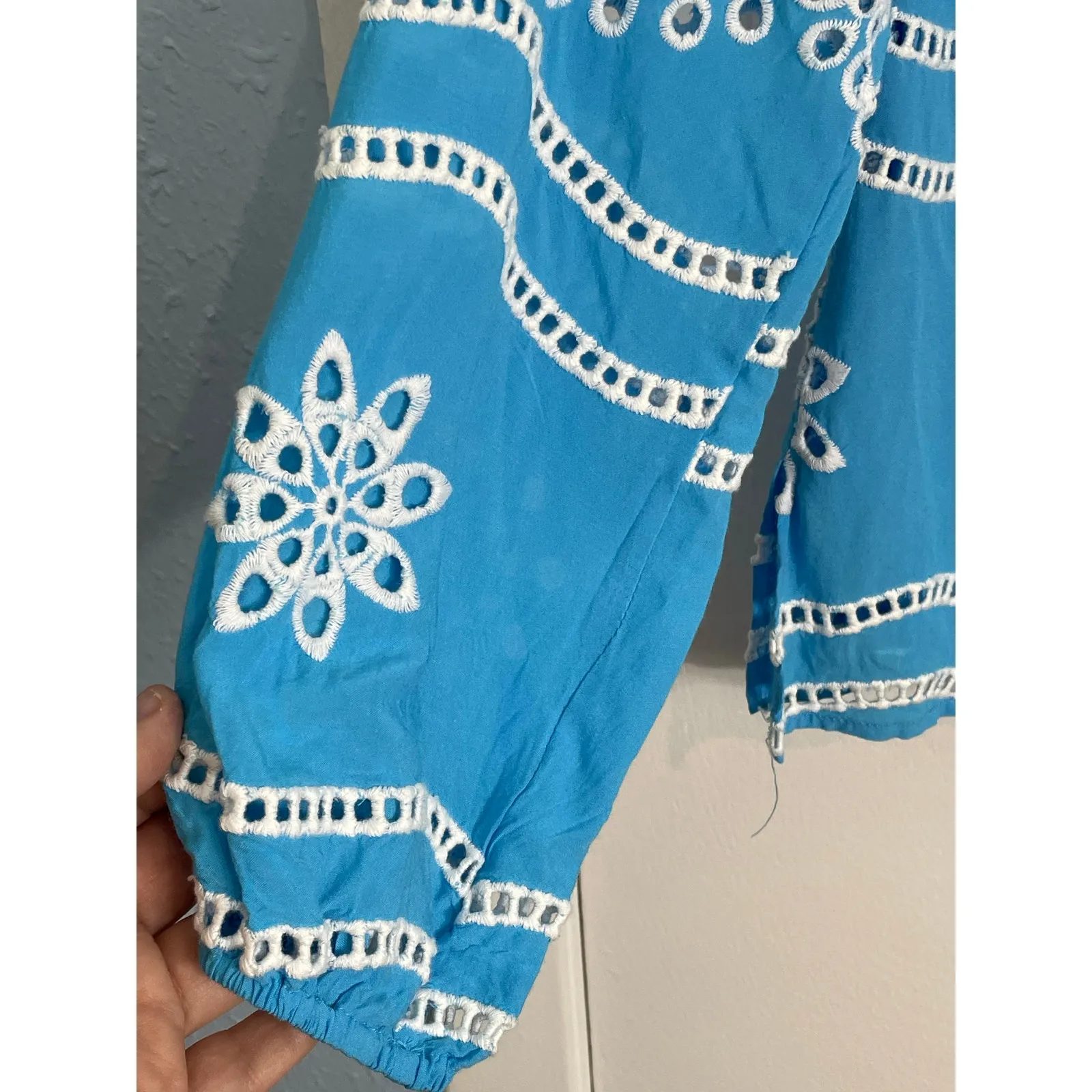 Boston Proper Blouse Small Turquoise Floral Eyelet Beaded Maximalist Artsy - Image 3