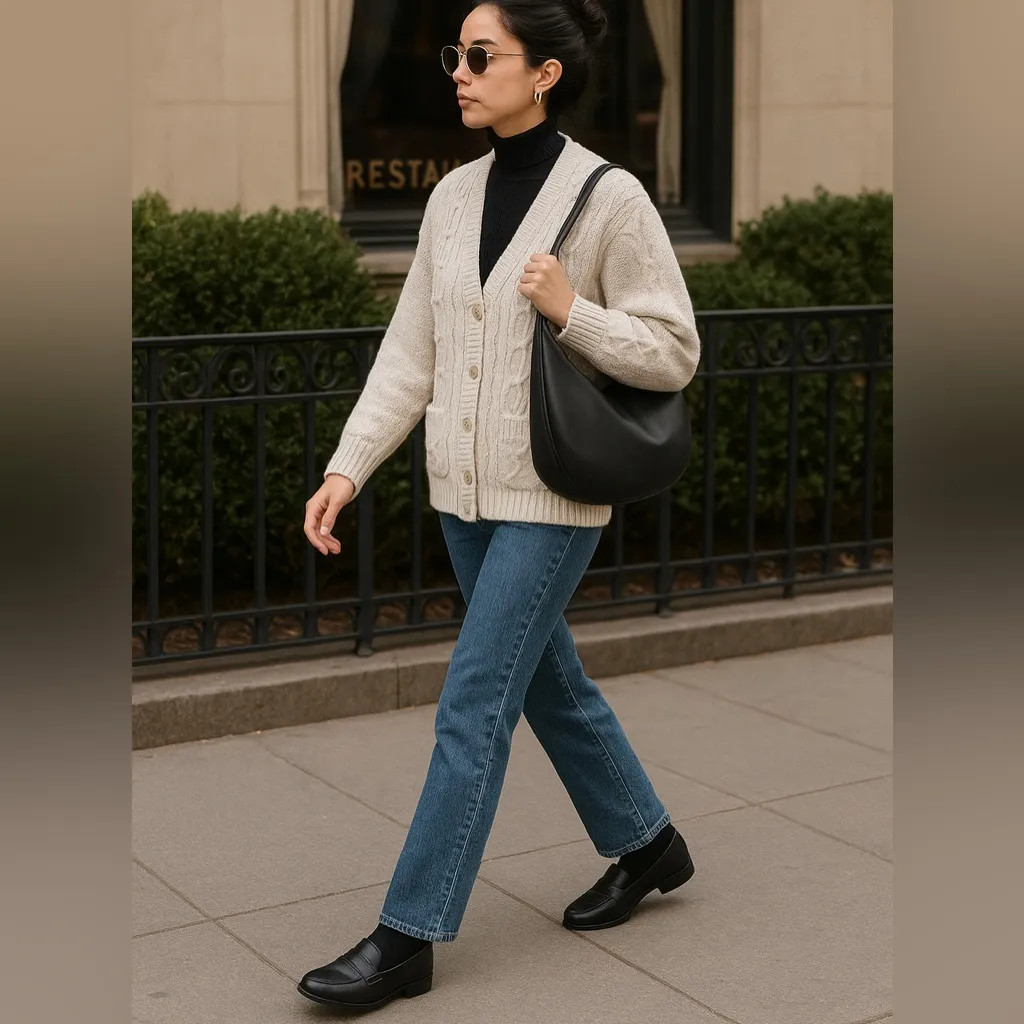 Vintage White/Cream Chunky Pom Pom Knitted Cardigan Sweater - Image 3