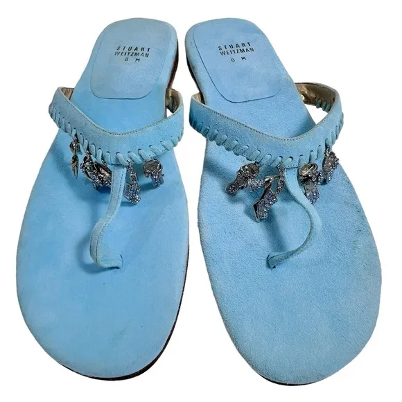 Stuart Weitzman shoe charm trimmed light blue suede sandals - Image 2