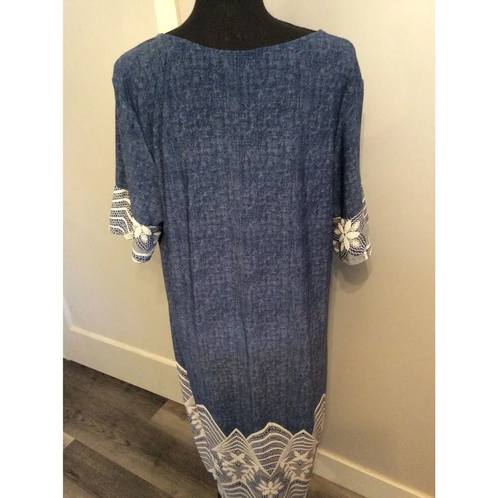 Ellen Wever Midi Dress Plus size 2x Soft Denim Color Lace Print Blue - Image 3
