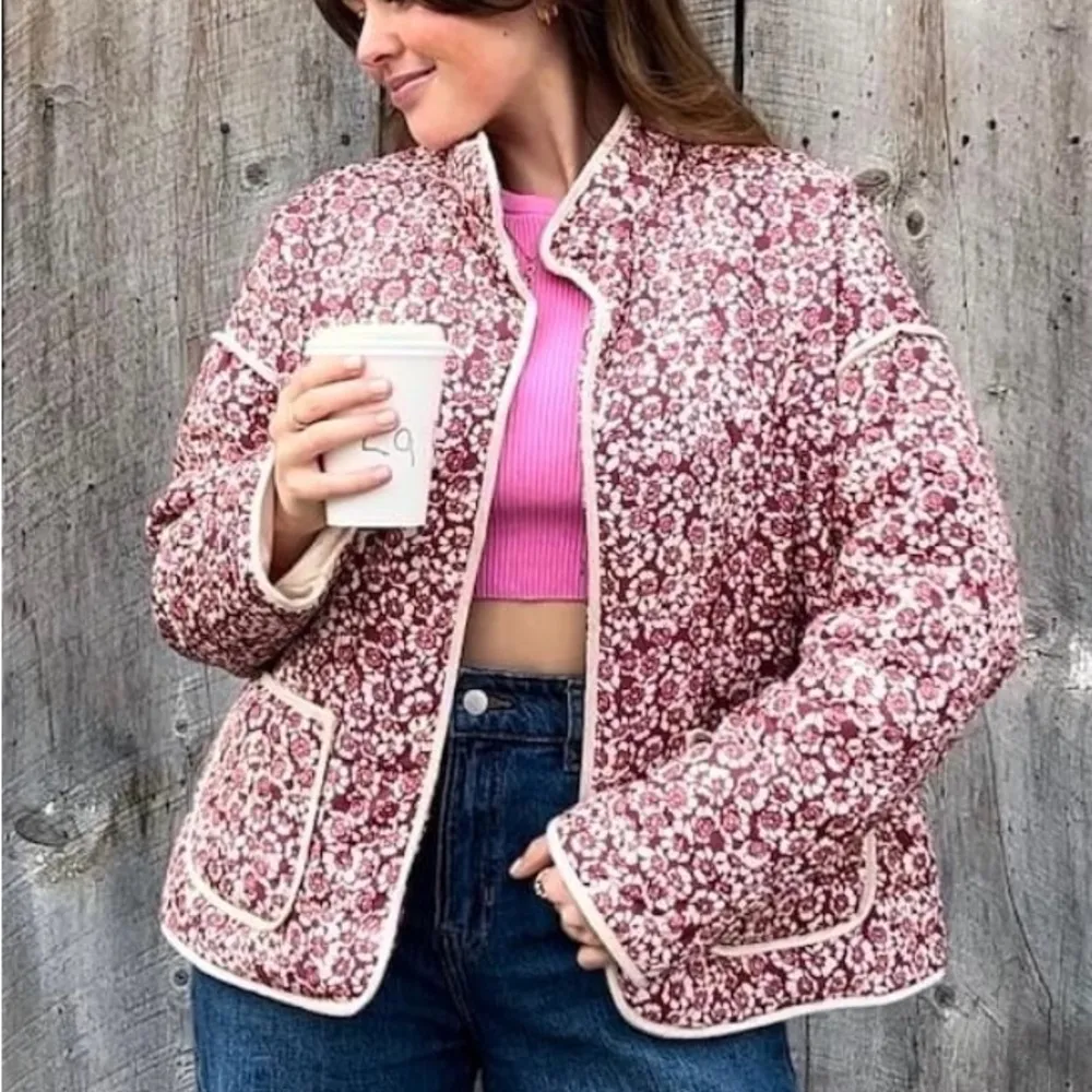 Woven Ditsy Floral Oversized Puffer Jacket boho garden party whimsical Pink - Image 11