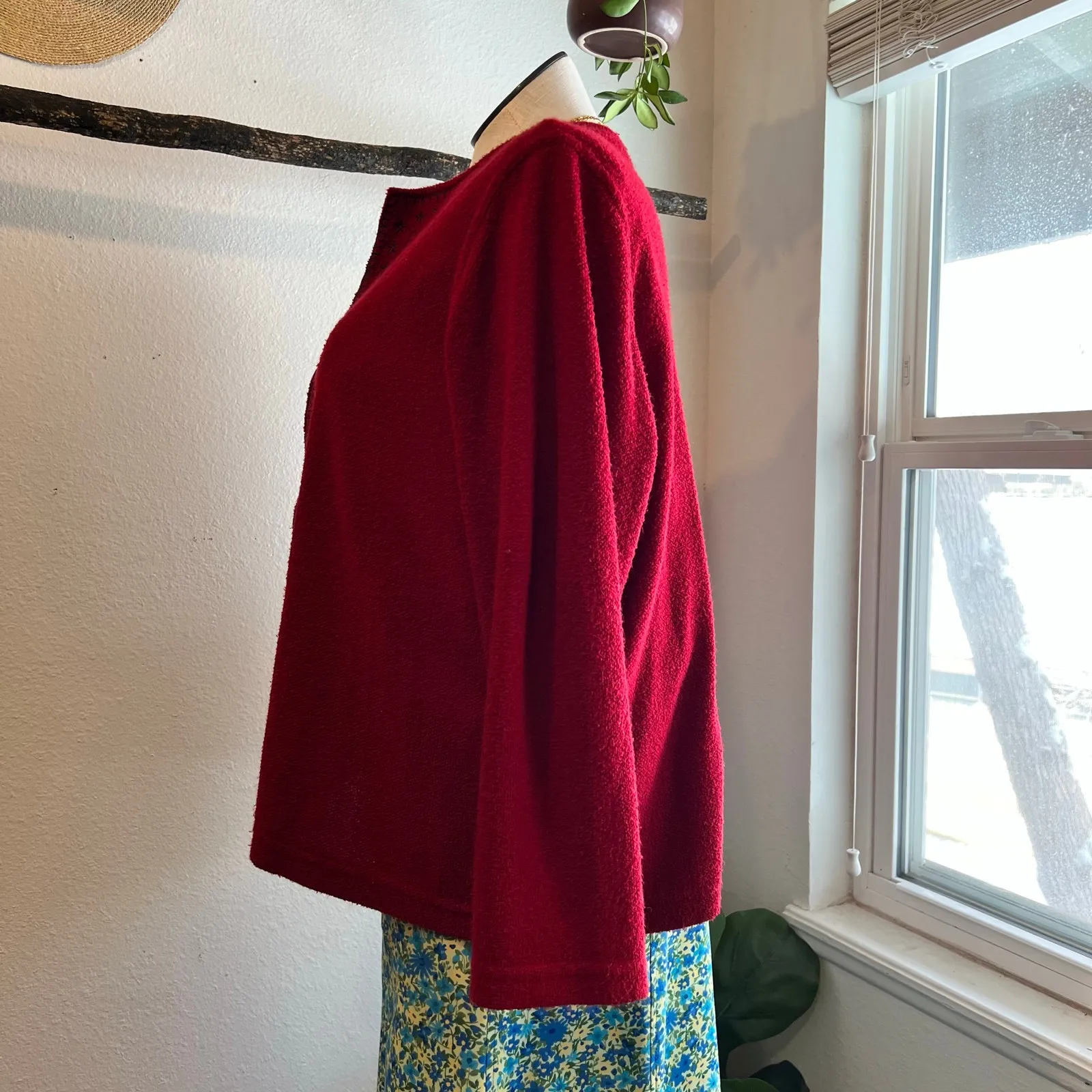 Vintage 90s Soft Red Zip Up Floral Embroidered Cardigan Sweater Size XL - Image 5