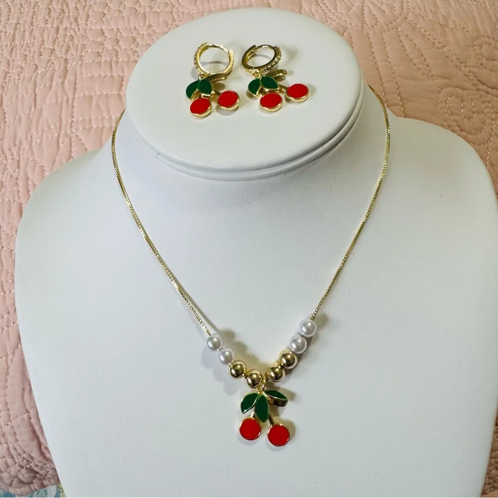 Women Cherry Red Adjustable Necklace and Earring Set - Image 10