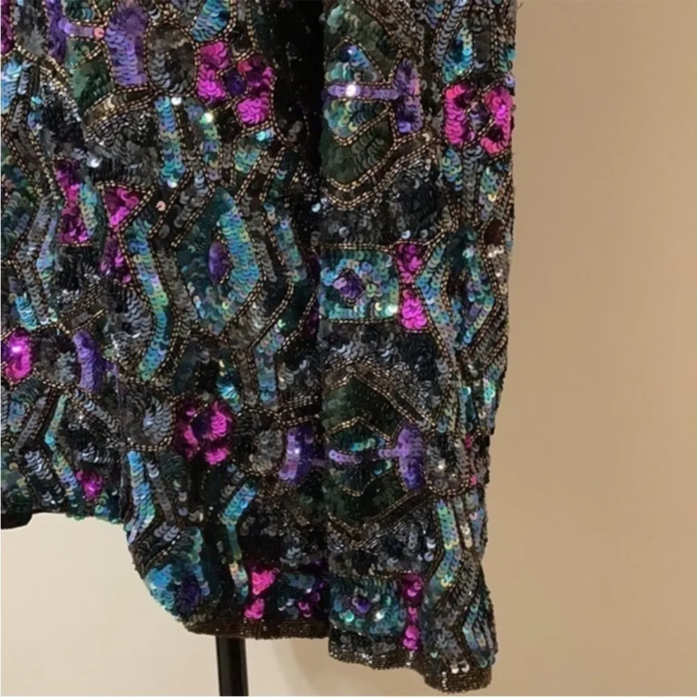 Vintage Art Deco 100% Silk Sequin & Beaded Top M Black Size M - Image 4
