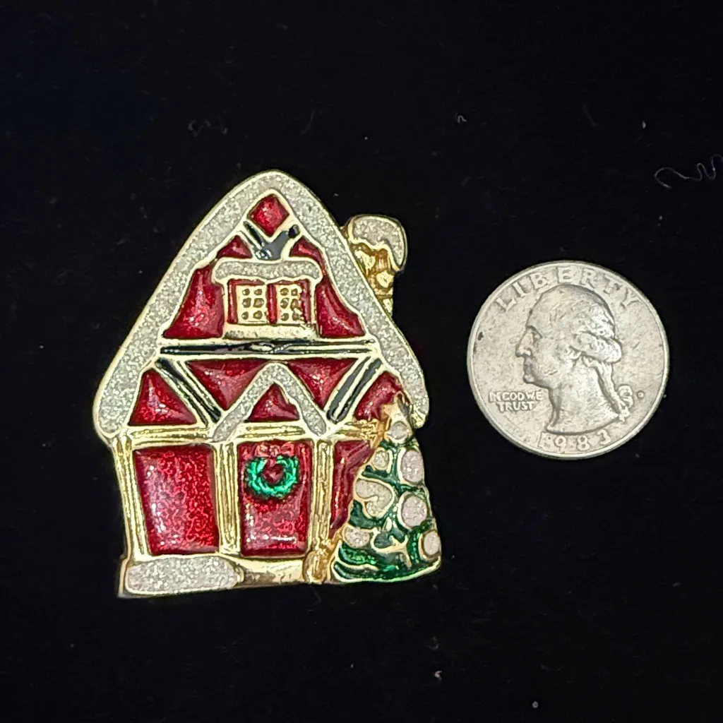 SFJ signed vintage Christmas Cottage Gingerbread House Enamel Brooch Pin Red - Image 4