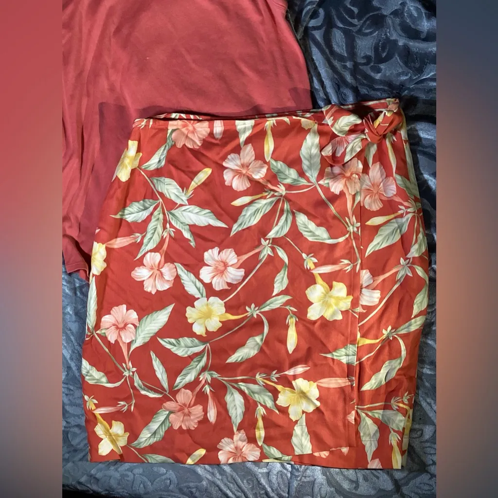 Vintage Tommy Bahama Burnt Orange Floral Print Silk Wrap Skirt & Silk Mix Tank L - Image 11