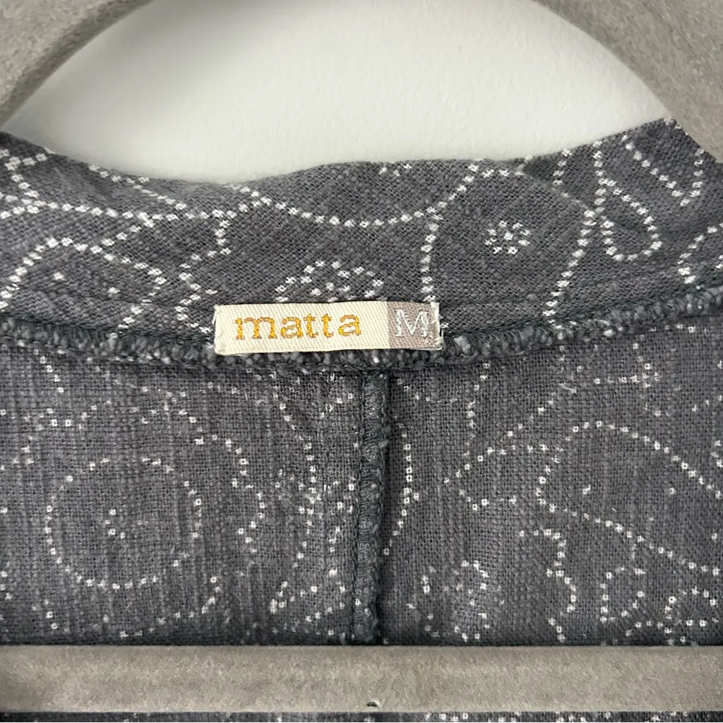 Matta Cotton Grey White Paisley Boho V Neck Casual Cottagecore Mini Dress M Gray Size M - Image 5