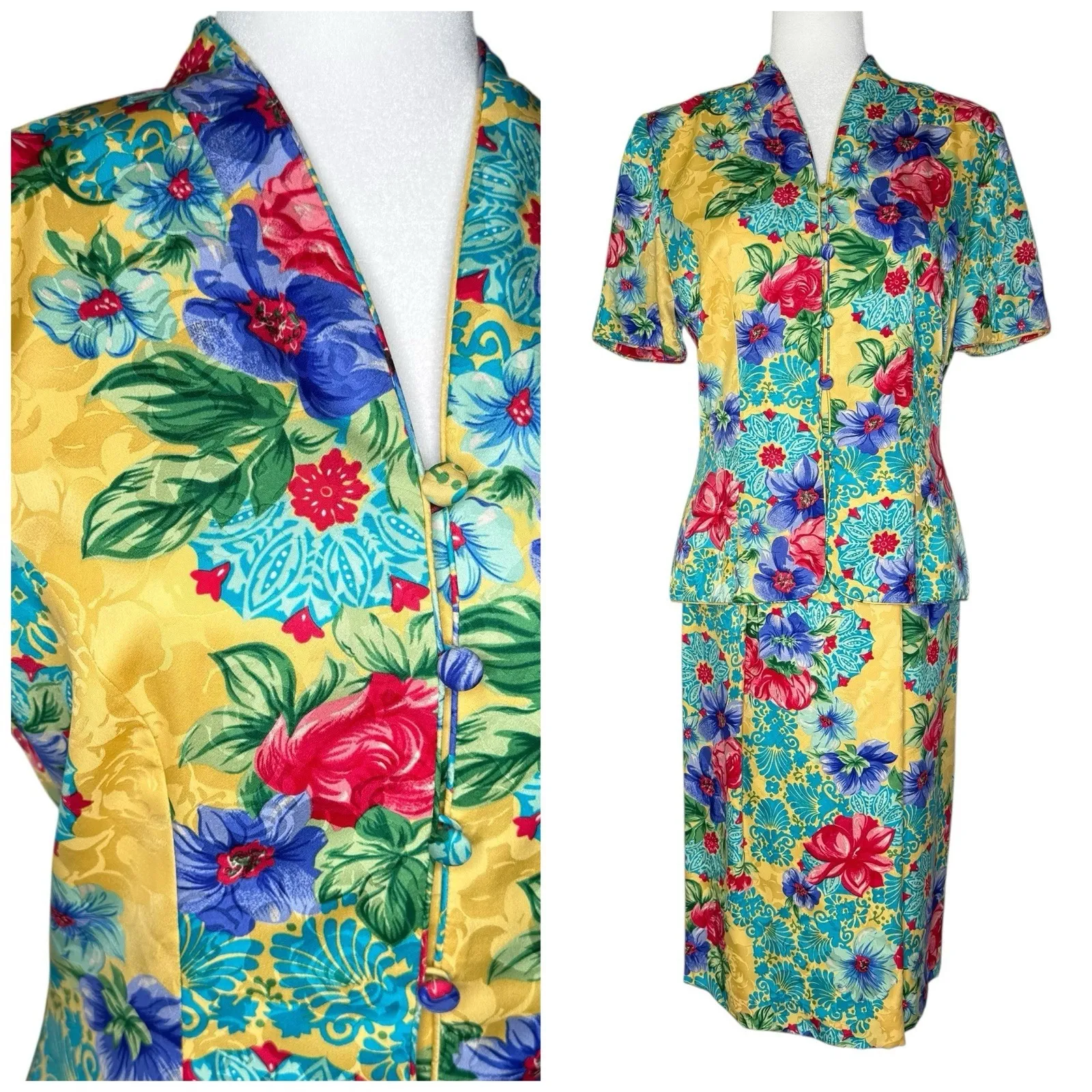 Adrianna Papell Size 6 Vintage Two Piece Skirt Top‎ Suit Set 100% Silk Floral - Image 2
