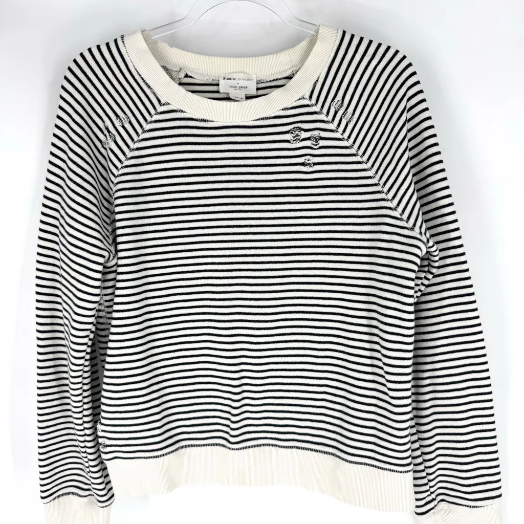David Lerner Striped Knit Sweatshirt with Distressing Cream Black Size Medium - Image 1