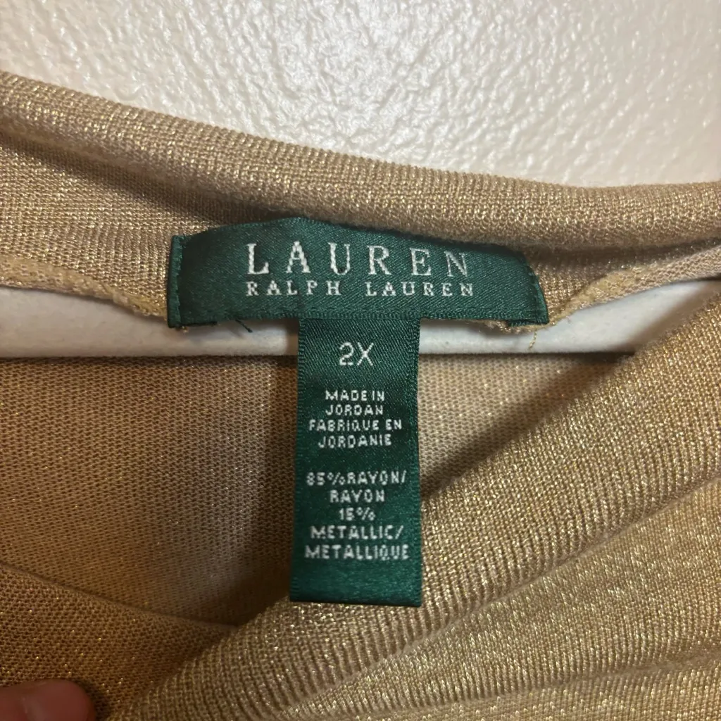 Lauren Ralph Lauren Womens Shirt Top Rayon Metallic Knit Boatneck Gold Size 2X‎ - Image 2