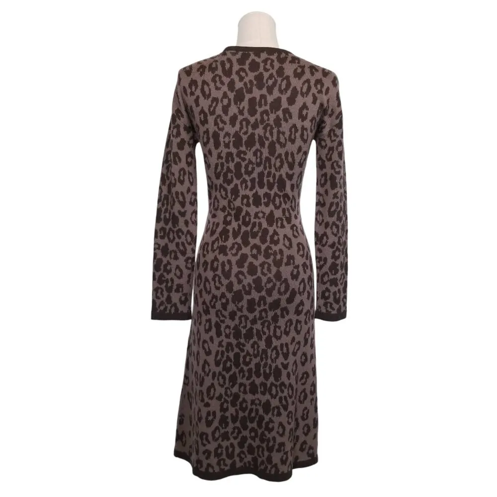Garnet Hill Merino Wool Sweater Dress Brown Leopard Print Sz - Image 4