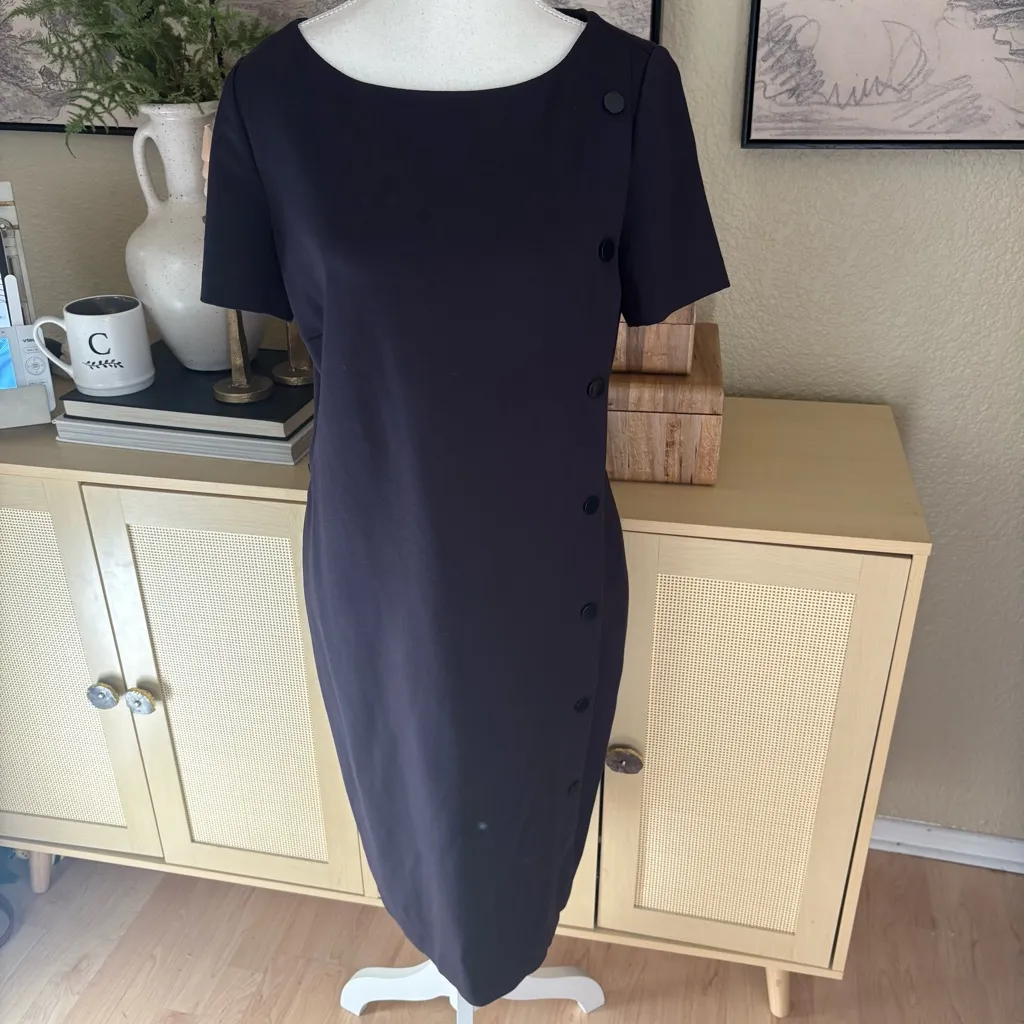 TORY‎ BURCH Sonia Navy Pencil Dress Short Sleeve Boat Neck Stretch Knit M - Image 2