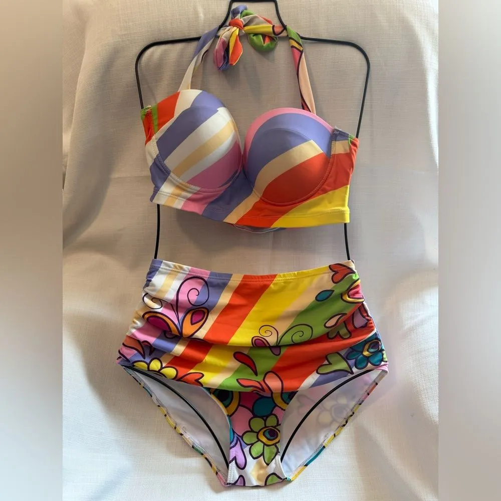 Jndtueit Swirl Groovy Tankini Swimsuit Hippie Flower Bikini Butterfly XL Purple - Image 3